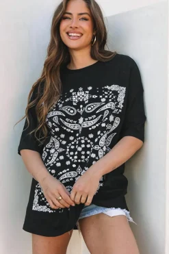 Fashion Dear-Lover Paisley Print Crew Neck Loose Fit Tunic Tee Black