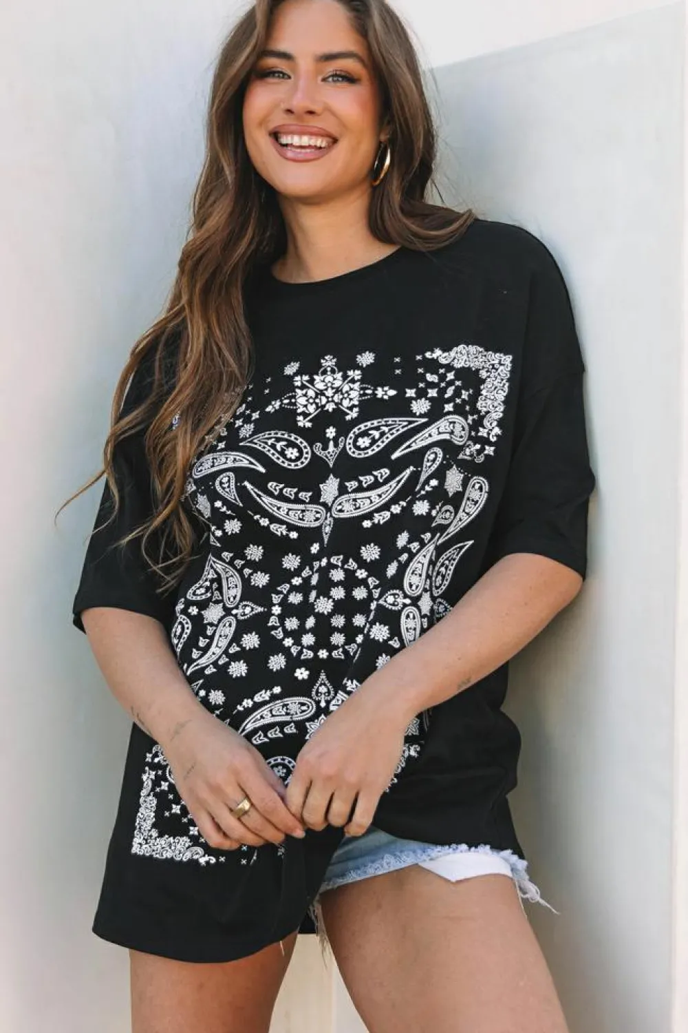 Fashion Dear-Lover Paisley Print Crew Neck Loose Fit Tunic Tee Black