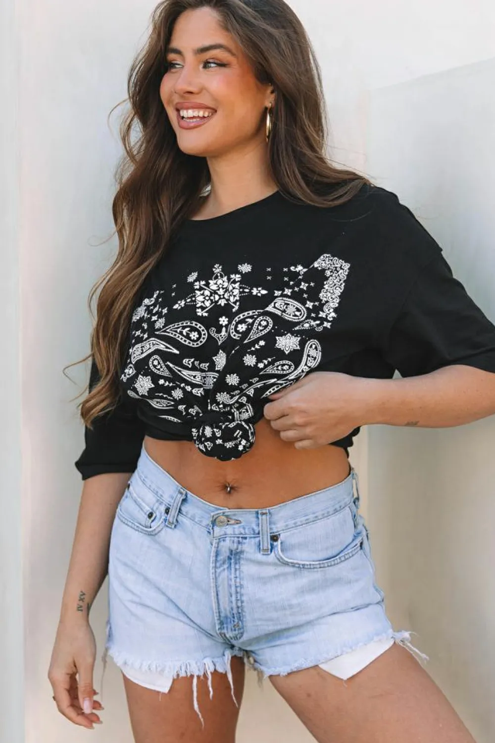 Fashion Dear-Lover Paisley Print Crew Neck Loose Fit Tunic Tee Black