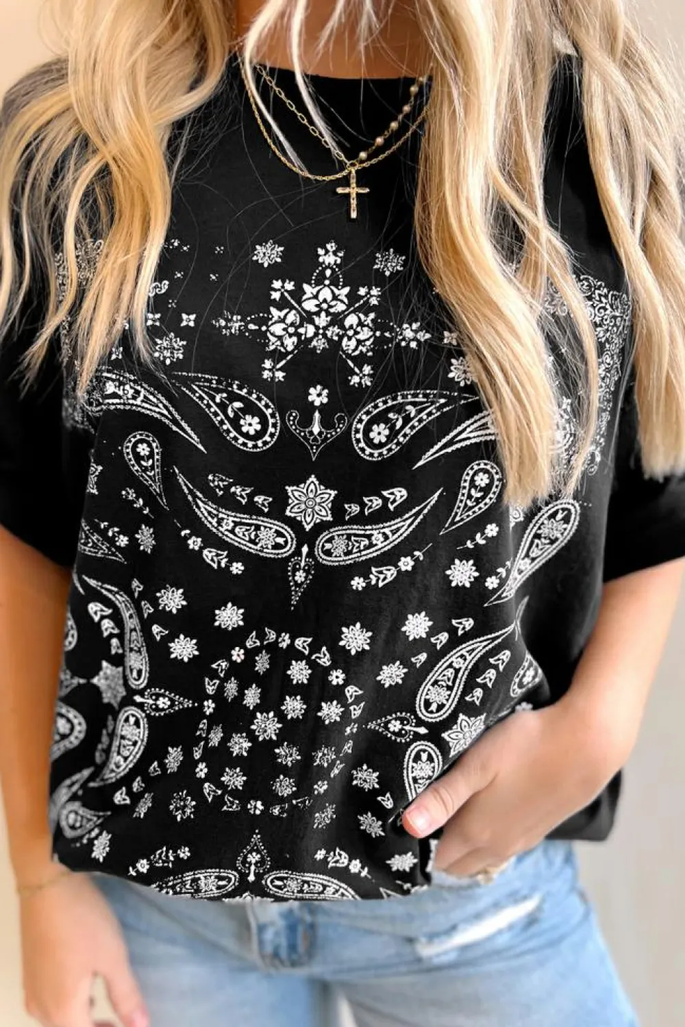 Fashion Dear-Lover Paisley Print Crew Neck Loose Fit Tunic Tee Black