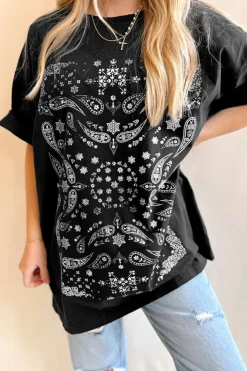 Fashion Dear-Lover Paisley Print Crew Neck Loose Fit Tunic Tee Black