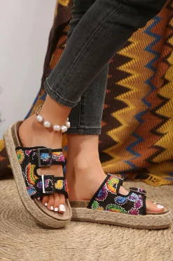 Best Dear-Lover Paisley Print Double-Buckle Wedge Slippers Black