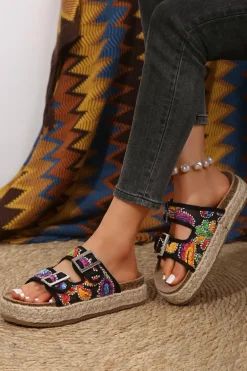 Best Dear-Lover Paisley Print Double-Buckle Wedge Slippers Black