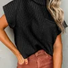 Best Dear-Lover Patch Pocket Ribbed Knit Short Sleeve Sweater Black