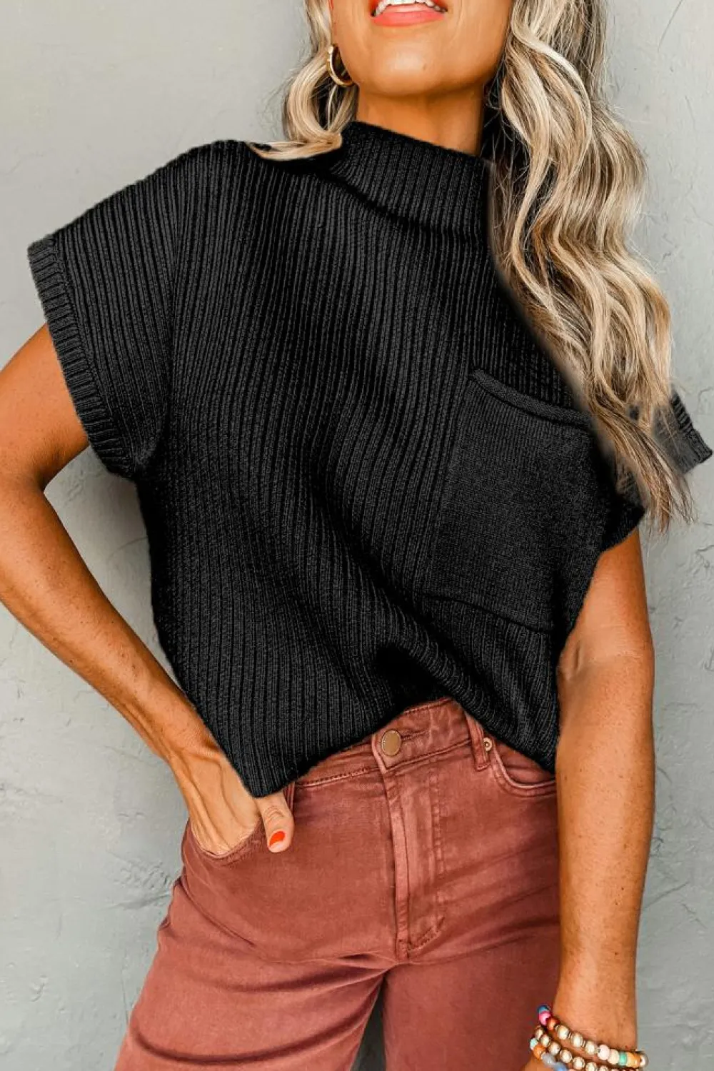 Best Dear-Lover Patch Pocket Ribbed Knit Short Sleeve Sweater Black