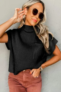 Best Dear-Lover Patch Pocket Ribbed Knit Short Sleeve Sweater Black