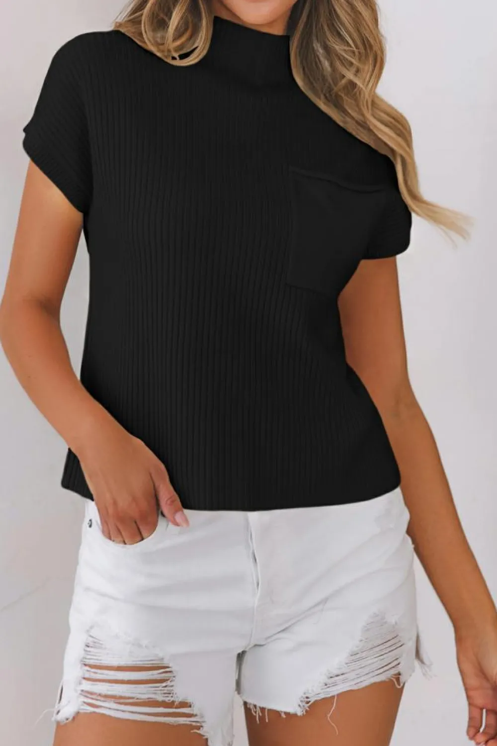 Best Dear-Lover Patch Pocket Ribbed Knit Short Sleeve Sweater Black