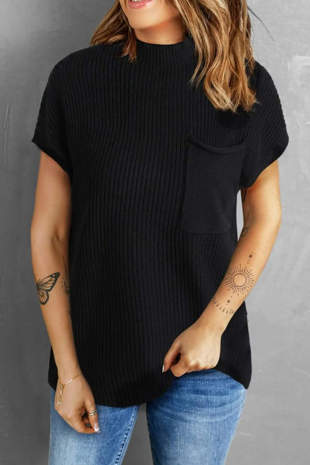 Best Dear-Lover Patch Pocket Ribbed Knit Short Sleeve Sweater Black