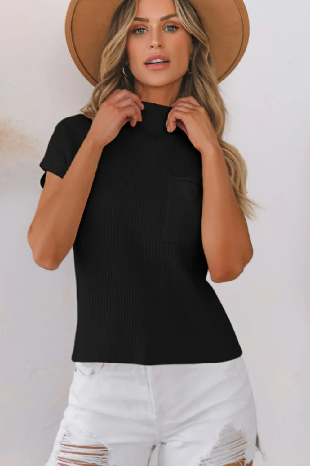 Best Dear-Lover Patch Pocket Ribbed Knit Short Sleeve Sweater Black