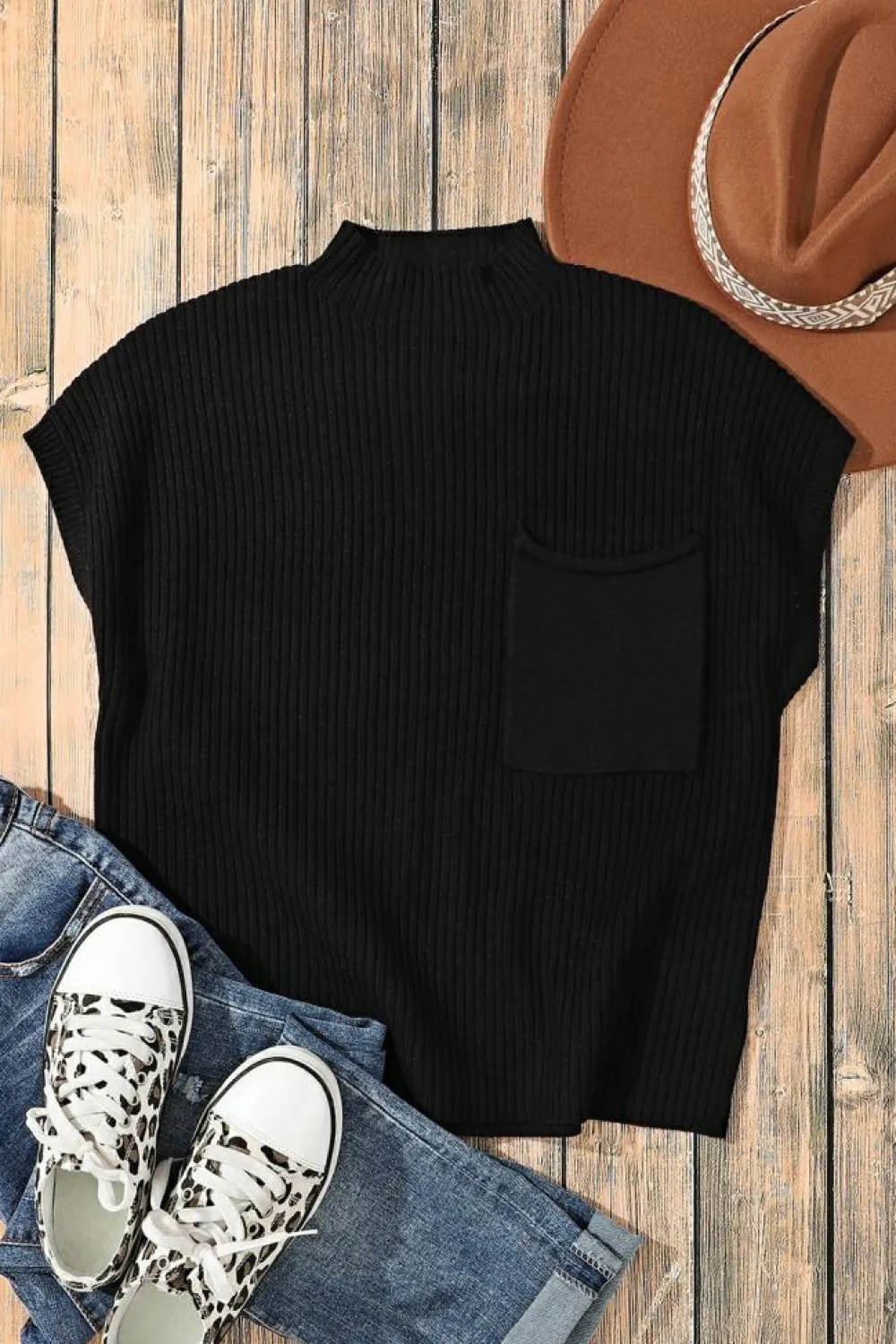 Best Dear-Lover Patch Pocket Ribbed Knit Short Sleeve Sweater Black