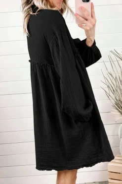 Outlet Dear-Lover Patchwork Crinkle Puff Sleeve Shirt Dress Black