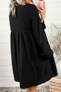 Outlet Dear-Lover Patchwork Crinkle Puff Sleeve Shirt Dress Black