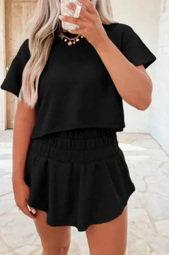 Clearance Dear-Lover 2pcs Cropped Tee and Ruffle High Waist Skort Set Black