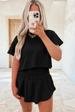 Clearance Dear-Lover 2pcs Cropped Tee and Ruffle High Waist Skort Set Black