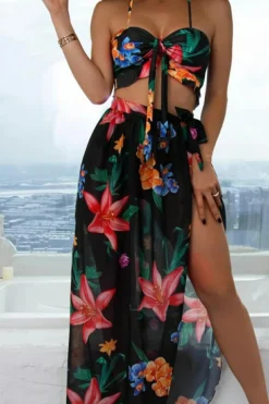 Sale Dear-Lover 3pcs Floral Twist Front Bikini with Cover-up Swimsuit Black