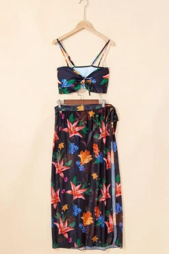 Sale Dear-Lover 3pcs Floral Twist Front Bikini with Cover-up Swimsuit Black