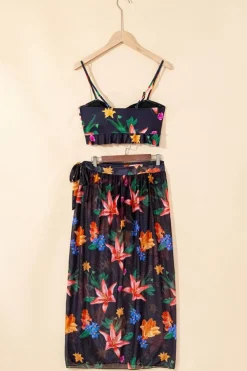 Sale Dear-Lover 3pcs Floral Twist Front Bikini with Cover-up Swimsuit Black
