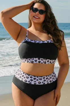 Online Dear-Lover 2pcs Leopard Patchwork Plus Size High Waisted Swimsuit Black