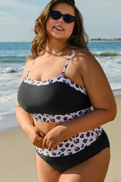 Online Dear-Lover 2pcs Leopard Patchwork Plus Size High Waisted Swimsuit Black