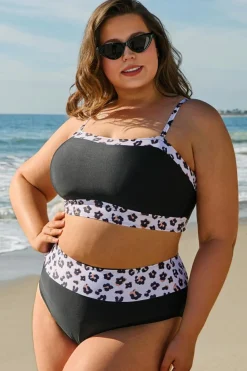 Online Dear-Lover 2pcs Leopard Patchwork Plus Size High Waisted Swimsuit Black