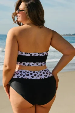 Online Dear-Lover 2pcs Leopard Patchwork Plus Size High Waisted Swimsuit Black
