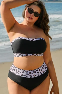 Online Dear-Lover 2pcs Leopard Patchwork Plus Size High Waisted Swimsuit Black