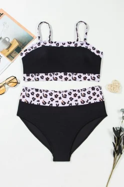 Online Dear-Lover 2pcs Leopard Patchwork Plus Size High Waisted Swimsuit Black