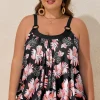 Hot Dear-Lover 2pcs Plus Size Wide Strap Floral Top Tankini Set Black