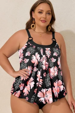 Hot Dear-Lover 2pcs Plus Size Wide Strap Floral Top Tankini Set Black