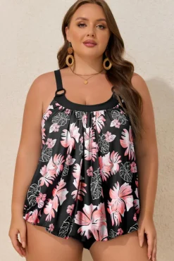 Hot Dear-Lover 2pcs Plus Size Wide Strap Floral Top Tankini Set Black