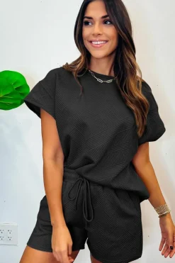 Hot Dear-Lover 2pcs Solid Textured Drawstring Shorts Set Black