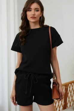 Hot Dear-Lover 2pcs Solid Textured Drawstring Shorts Set Black