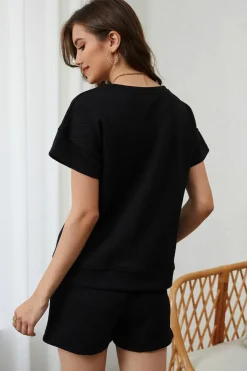 Hot Dear-Lover 2pcs Solid Textured Drawstring Shorts Set Black
