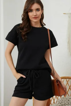 Hot Dear-Lover 2pcs Solid Textured Drawstring Shorts Set Black