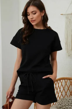Hot Dear-Lover 2pcs Solid Textured Drawstring Shorts Set Black