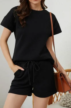 Hot Dear-Lover 2pcs Solid Textured Drawstring Shorts Set Black