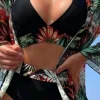 Fashion Dear-Lover 3pcs Tropical Contrast Trim Halter Bikini Set with Cover up Black