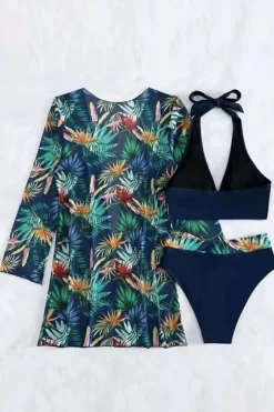 Fashion Dear-Lover 3pcs Tropical Contrast Trim Halter Bikini Set with Cover up Black