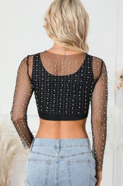 Discount Dear-Lover Pearl and Rhinestone Detail Sheer Mesh Top Black