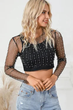 Discount Dear-Lover Pearl and Rhinestone Detail Sheer Mesh Top Black