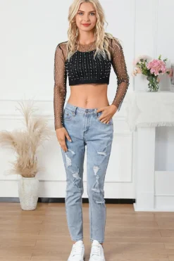 Discount Dear-Lover Pearl and Rhinestone Detail Sheer Mesh Top Black