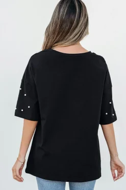 Discount Dear-Lover Pearl Beaded  Drop Shoulder Crewneck T Shirt Black