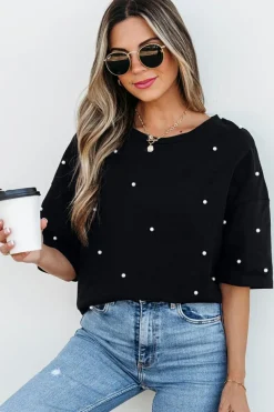 Discount Dear-Lover Pearl Beaded  Drop Shoulder Crewneck T Shirt Black