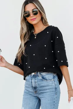 Discount Dear-Lover Pearl Beaded  Drop Shoulder Crewneck T Shirt Black