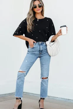 Discount Dear-Lover Pearl Beaded  Drop Shoulder Crewneck T Shirt Black