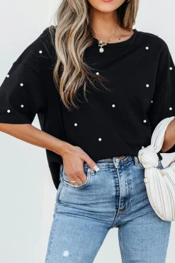 Discount Dear-Lover Pearl Beaded  Drop Shoulder Crewneck T Shirt Black