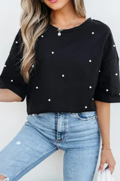Discount Dear-Lover Pearl Beaded  Drop Shoulder Crewneck T Shirt Black