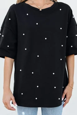 Discount Dear-Lover Pearl Beaded  Drop Shoulder Crewneck T Shirt Black
