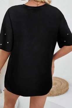 Discount Dear-Lover Pearl Beaded  Drop Shoulder Crewneck T Shirt Black