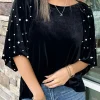 Clearance Dear-Lover Pearl Beaded Half Sleeve Velvet Top Black